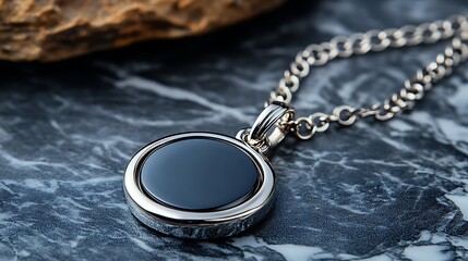 Polished dark onyx pendant on a silver chain.