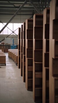 Rows of freshly manufactured wooden shelving units lined up in a spacious industrial workshop. The video ideal for illustrating woodworking, furniture manufacturing, and carpentry industry visuals.