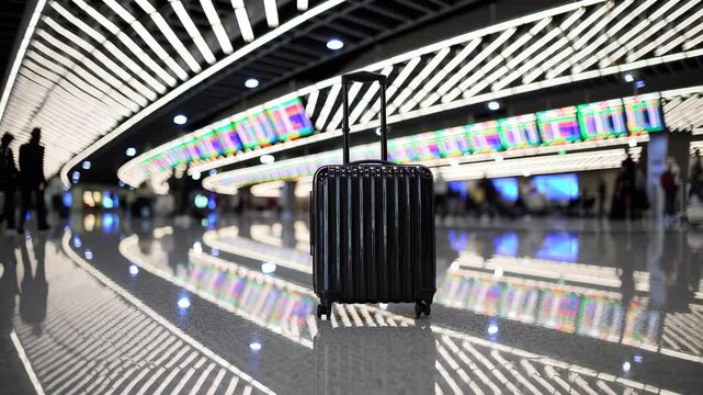 Black hard-shell suitcase standing on shiny airport terminal floor under futuristic LED ceiling lights, symbol of travel, departure and global movement through modern infrastructure