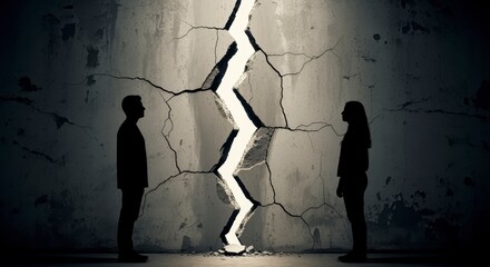 Two silhouetted figures face each other, separated by a jagged crack in a concrete wall, symbolizing division or conflict.