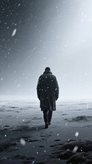 A figure walking through a snowy field under a grey sky.