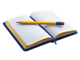 Writing action with notebook and pencil home office still life. Isolated on transparent background, png.