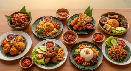 A vibrant spread of Indonesian cuisine, featuring various dishes, rice, and flavorful sauces, arranged on a wooden table.