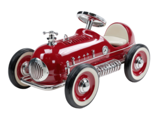 Vintage red ride-on car for kids playroom toy vehicle fun. Isolated on transparent background, png.