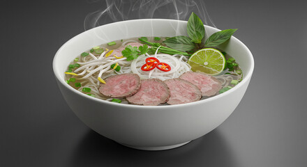 A steaming white bowl of Vietnamese pho with rice noodles, broth, sliced beef, herbs, lime, and chili. The white background enhances the natural colors and warmth of the soup.