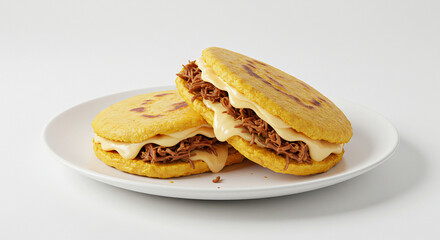 A golden arepa split open and filled with melted cheese and shredded beef, placed on a white ceramic plate. The white background emphasizes the crispy texture and warm interior.