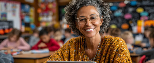 The smiling teacher using a tablet in a vibrant classroom setting.