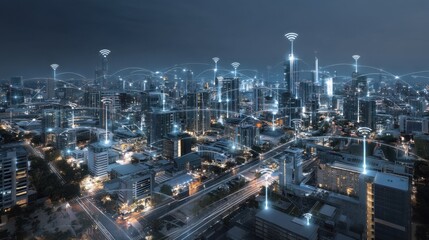 Fototapeta premium Connected Smart City Network at Night with Glowing Lines and WiFi Symbols