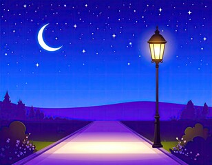 Nighttime vector street with glowing lamppost — poster-style framing with lower third empty for caption or event title — light, ground, and characters layered separately