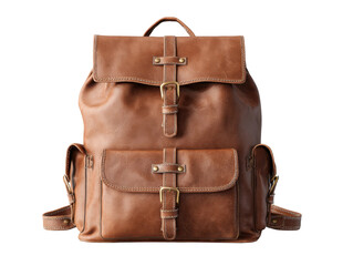 Indoor close-up of a stylish leather backpack in modern studio. Isolated on transparent background, png.
