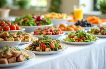 Buffet table laden with fresh salads appetizers, fruits on white tablecloth. Assortment of healthy food dishes includes tomatoes greens cheese, berries. Bright orange juice in glass, decorative