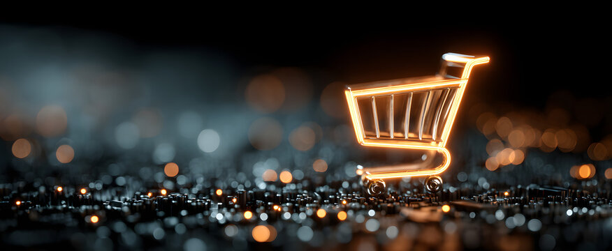 The glowing shopping cart symbol on a digital technology background.