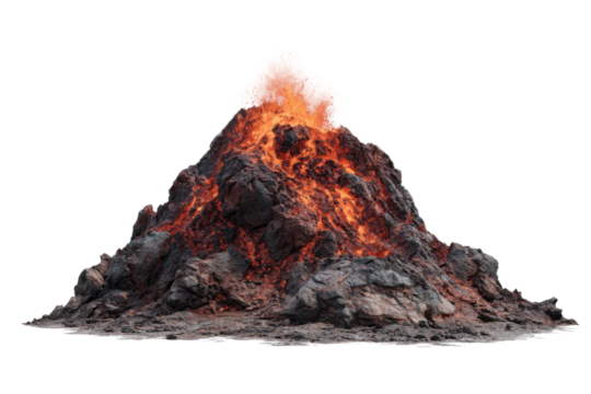 Volcanic eruption displaying lava flow natural landscape dynamic view. Isolated on transparent background, png.