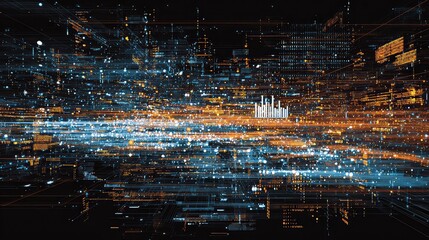Big data technology and data science illustration. Data flow concept. Querying, analysing, visualizing complex information. Neural network for artificial intelligence. Data mining. Business analytics.