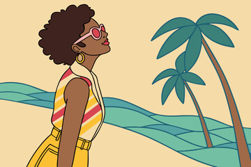 A trendy model with curly hair and pink sunglasses poses on the beach in vibrant summer fashion, modern flat illustration style