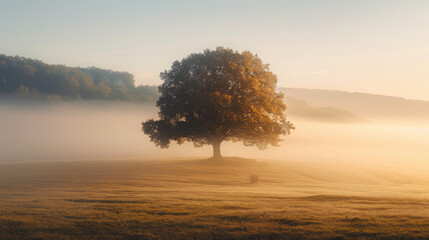 Solitary tree in a serene, foggy meadow at sunrise, bathed in golden light. Peaceful nature scene.