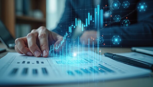 Banker meticulously reviews financial reports, analyzing data with advanced analytics. Focus on regulatory compliance, risk management, and due diligence in finance. Professional scrutinizes charts.