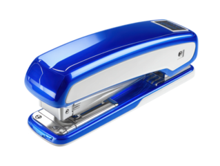 Close-up of blue stapler office supplies workspace photography. Isolated on transparent background, png.