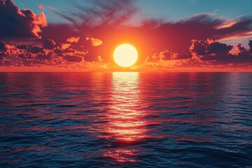 Fiery Sunset over the Calm Ocean: A Breathtaking View