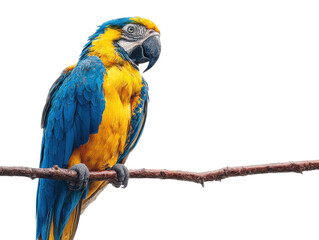 Fototapeta premium Colorful macaw parrot perched on branch tropical setting close-up. Isolated on transparent background, png.