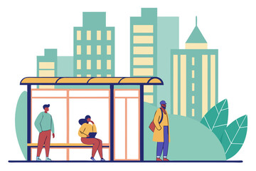 Naklejka premium Busy bus stop scene with people waiting and urban background, representing public transportation life, modern flat illustration style.