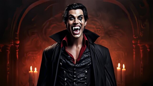 Portrait of a menacing vampire with fangs in a dark, candlelit setting