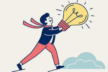 Cartoon businessman holds a large glowing bulb, symbolizing a fresh creative idea or breakthrough moment in modern flat illustration style.