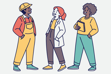 Cartoon team of professionals—Stanley, Emma, and Billy—stand together smiling, representing unity and collaboration in modern flat illustration style.