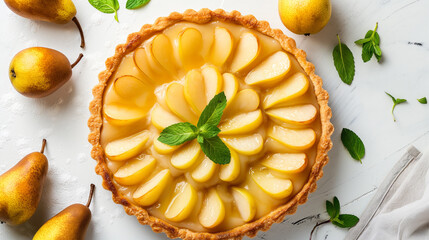 Delicious Homemade Pear Tart with Fresh Mint and Golden Crust