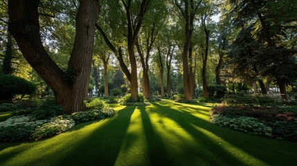 Obraz premium Sunlight filters through trees in a well-maintained garden.