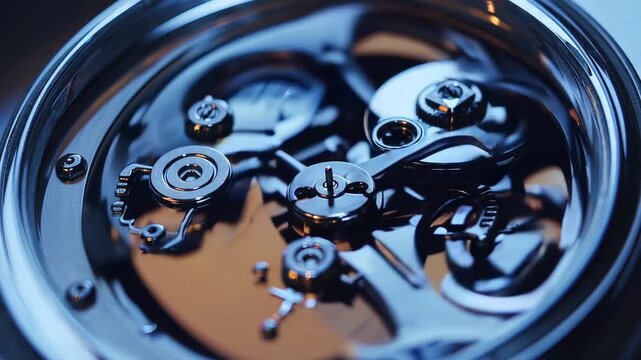 Extreme close-up of luxury mechanical watch movement with visible gears and rotating components, showcasing precision craftsmanship and horology in cinematic detail