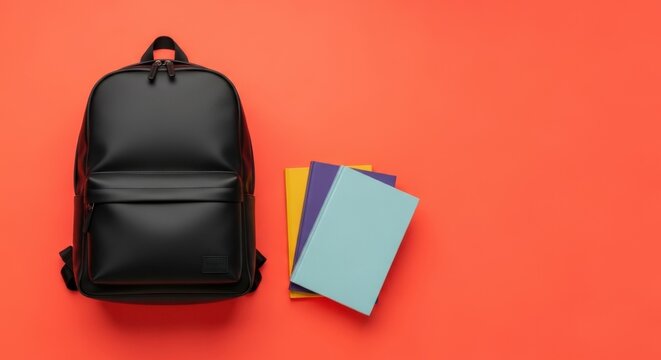 Black Backpack and Colorful Books on Orange Background. Ai generation