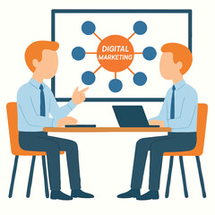 Flat Illustration Digital Marketing Discussion Meeting At Desk Business Concept