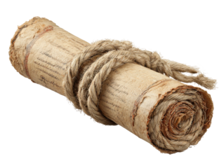 Historic scroll unveiled library archives document indoor close-up. Isolated on transparent background, png.