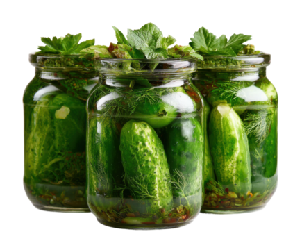 Pickling cucumbers homemade jars of dill pickles kitchen food. Isolated on transparent background, png.