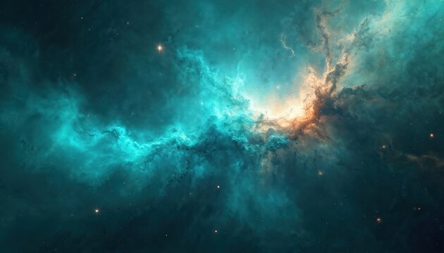 Vibrant teal nebula of cosmic dust illuminates dark space. Mesmerizing blend of textures and colors creates abstract art. Teal, green, blue hues in galaxy. Mystical celestial, futuristic outer space.