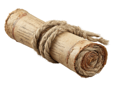 Historic scroll unveiled library archives document indoor close-up. Isolated on transparent background, png.