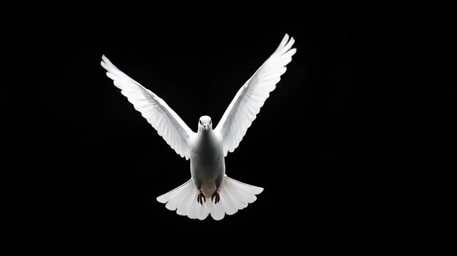 Elegant white dove in flight against black backdrop