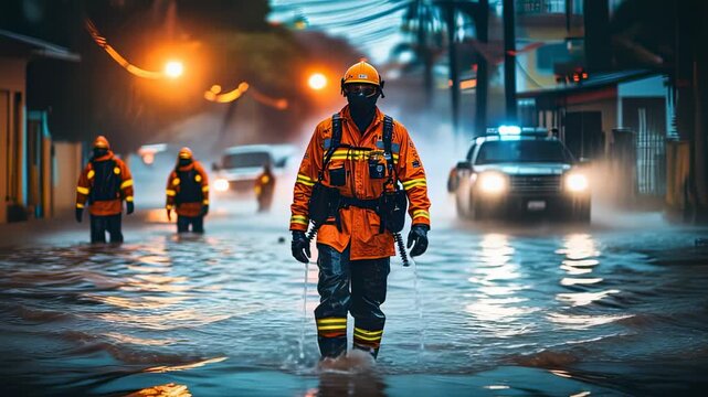 Rescuers in flooded street A dramatic scene of emergency workers wading through floodwaters during a disaster response