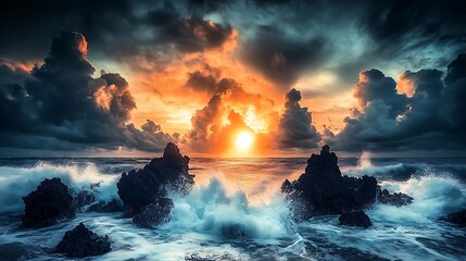Dramatic sunset over turbulent ocean waves and rocks.