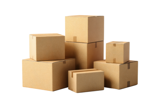 Product photography indoor warehouse with packing and storing boxes. Isolated on transparent background, png.