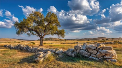 A lone tree stands sentinel in a vast, sun-drenched landscape.