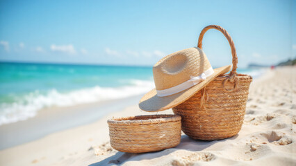 Summer Beach Vacation Essentials: Woven Basket and Straw Hat on Sandy Shore