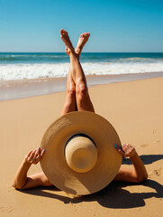 Fototapeta premium Relaxing by the beach with a wide-brimmed hat on a sunny day, enjoying the calm waves and warm sand beneath
