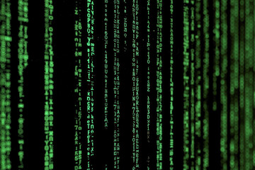 Digital matrix code displayed on a dark background, creating a futuristic and tech-inspired atmosphere at night in a server room environment
