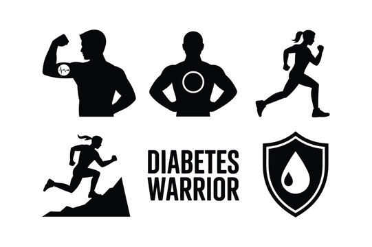 Silhouette figures running and flexing with medical symbols and shield woman