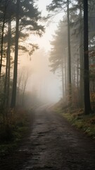 Fototapeta premium A serene forest path shrouded in morning mist.