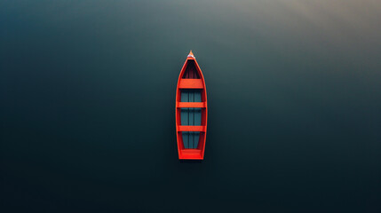 Aerial View of a Single Red Boat Floating on Calm Dark Blue Water Creating a Peaceful and Serene Scene
