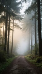 Obraz premium Enchanting forest path shrouded in morning mist.
