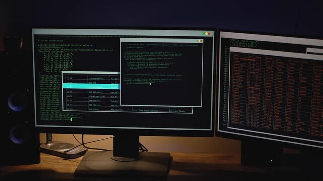 Modern IT workspace with multiple monitors displaying programming code. Hinting at long hours of software development. Concept of freelance tech work, coding, and digital innovation.